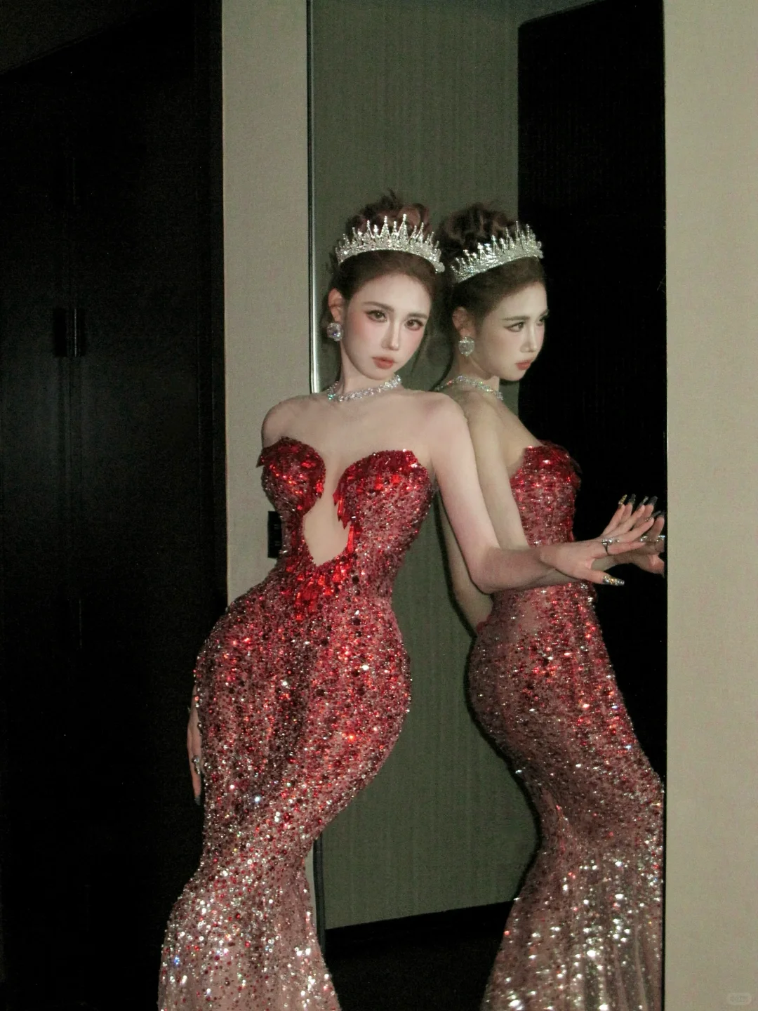 Vintage Gradient Red Sweetheart Strapless Mermaid Design Sexy Prom Dress Evening Dress TP4230