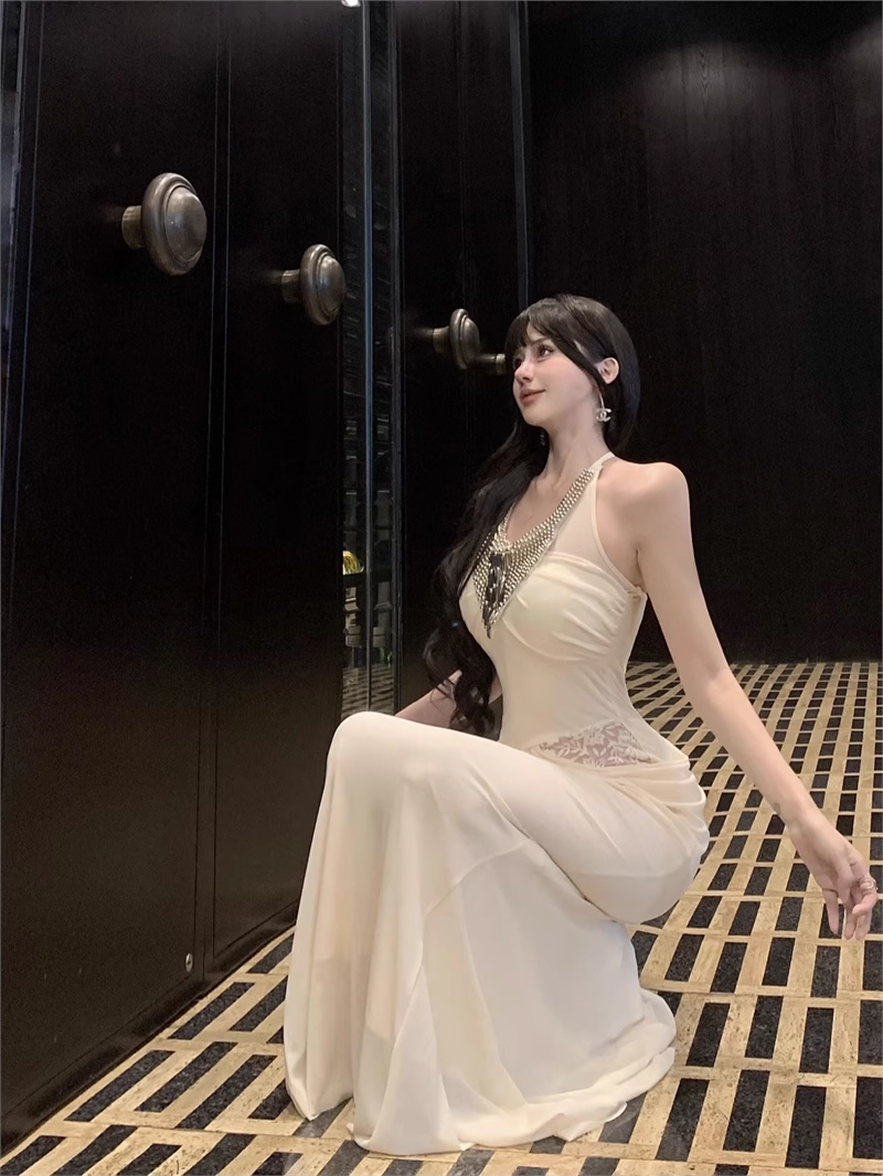 Elegant Beading Design Beige A-Line Long Banquet Halter Dress TP3155
