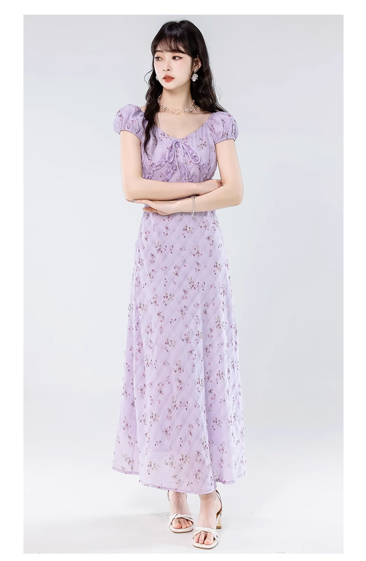 Simple Fashion Floral Design Sweet A-line V-neck Short-sleeved Dress TP3347