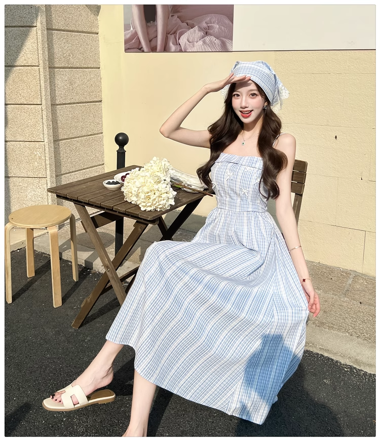 New Fashion Blue Stripe Design A-line Lace Spaghetti Strap Dress TP3384