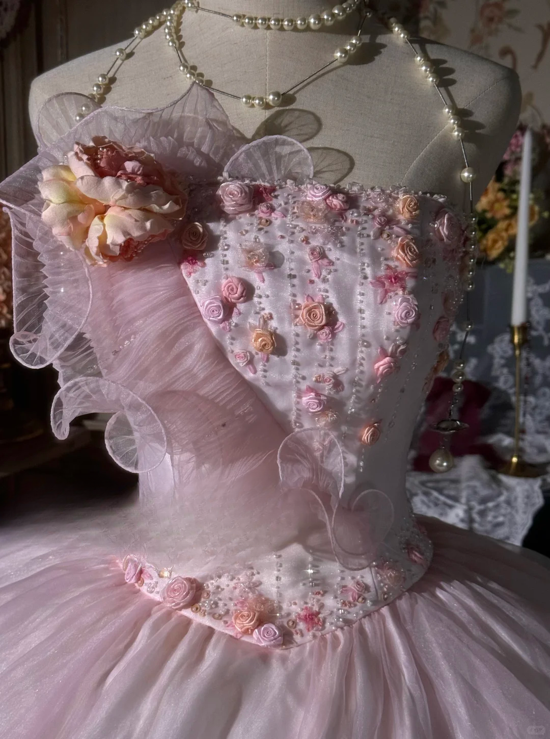 Vintage-Inspired Pink Floral Embellished Tulle Ball Gown Strapless Ruffled Quinceañera Formal Dress TP5116