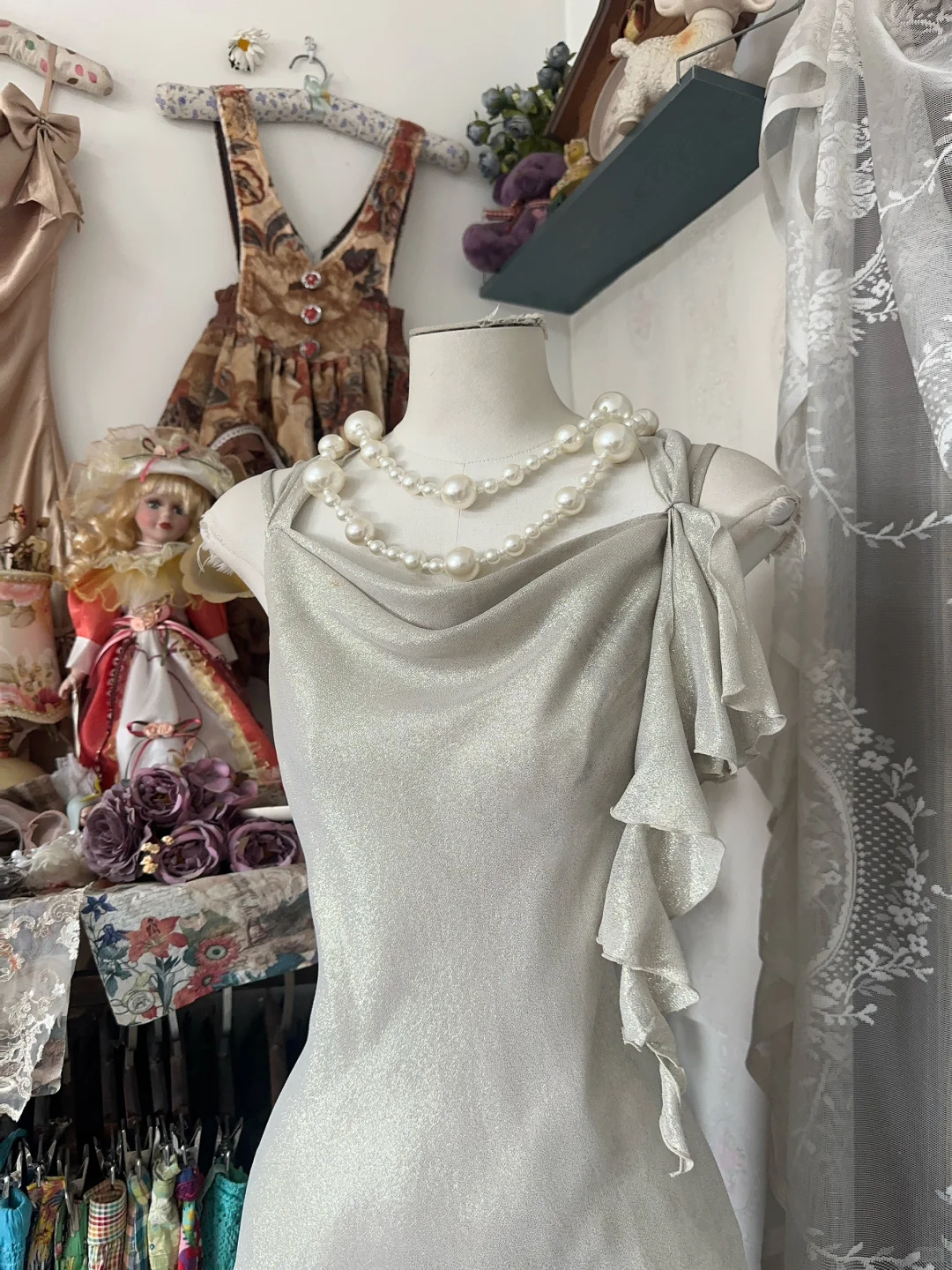 Vintage Silvery Irregular Hem Design A-Line Spaghetti Strap Prom Dress Evening Dress TP4206