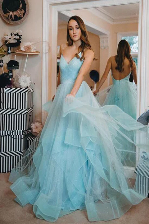 Gorgeous Light Blue Glitter Tulle Spaghetti Strap V-Neck Layered Quinceanera Ball Gown TP5845