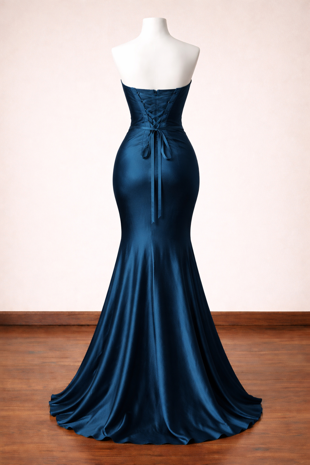 Vintage Teal Satin Strapless Sweetheart Mermaid Beaded Prom Dress TP5865