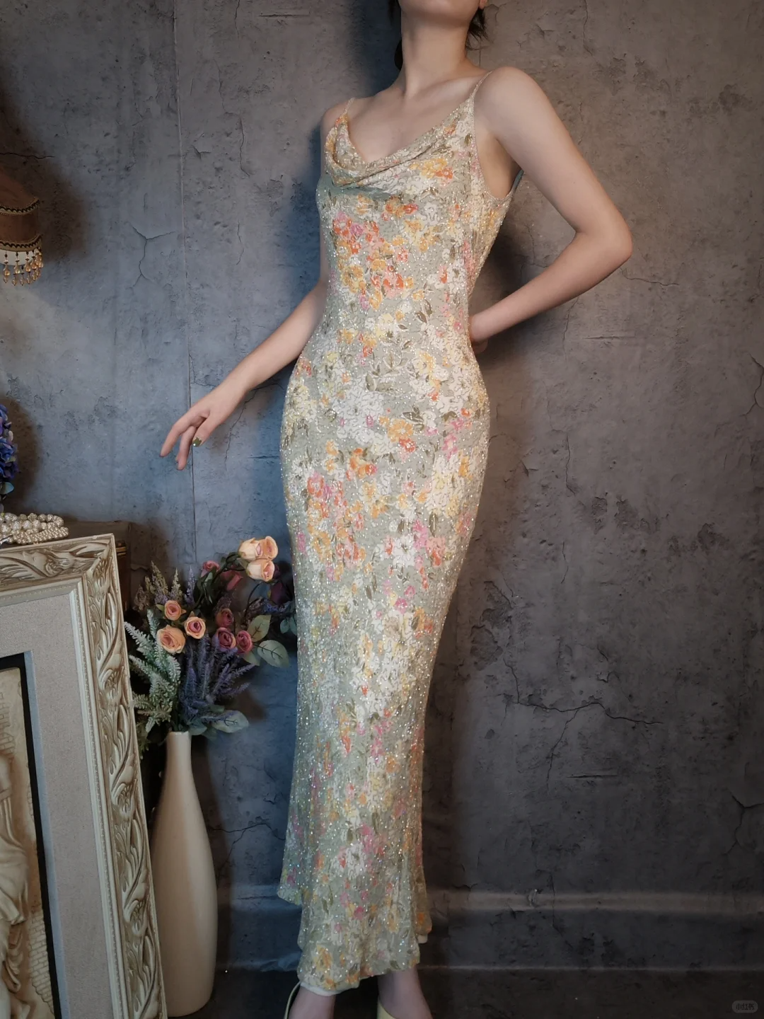 Vintage Floral Spaghetti Strap Sparkling Beaded Design Romantic Chiffon Evening Dress Prom Dress TP4027