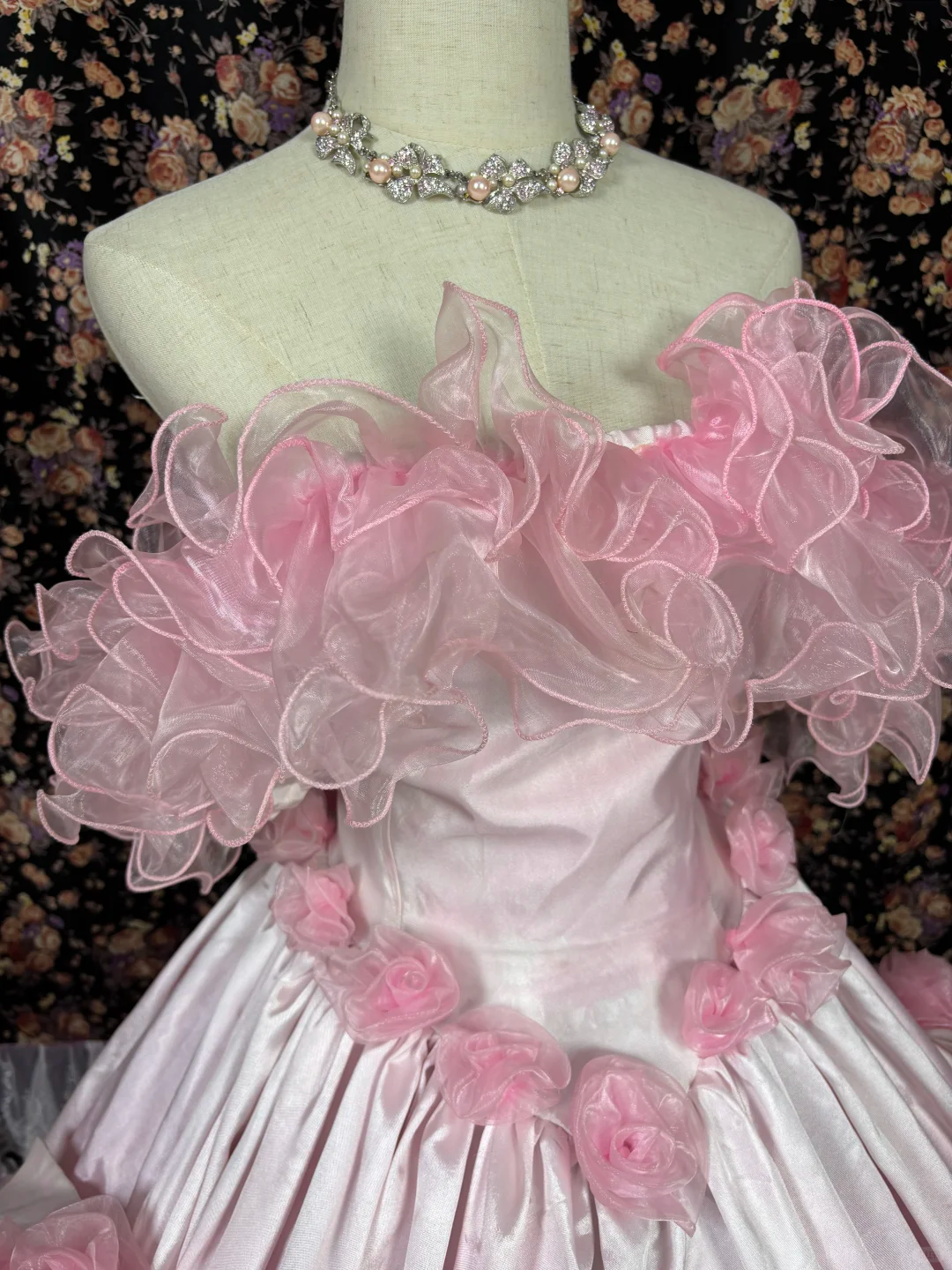 Vintage Pink Satin Tulle 3D Flowers Off-the-shoulder Sweet 16 Quinceanera A-Line Evening Dress Ball Gown TP4264