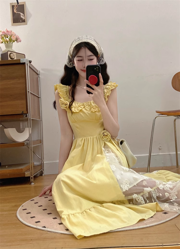 New Simple Fashion Yellow Floral Design A-Line Long Dress TP3043