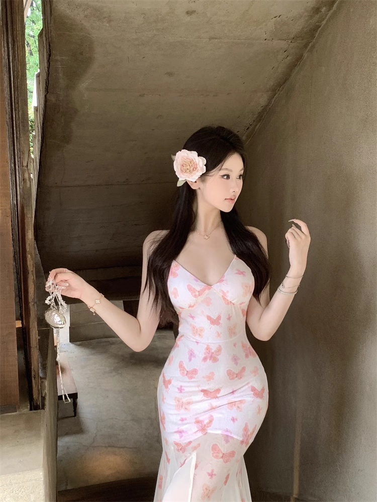 New Stylish Women Pink Butterfly Mermaid Spaghetti Strap Dress TP2966