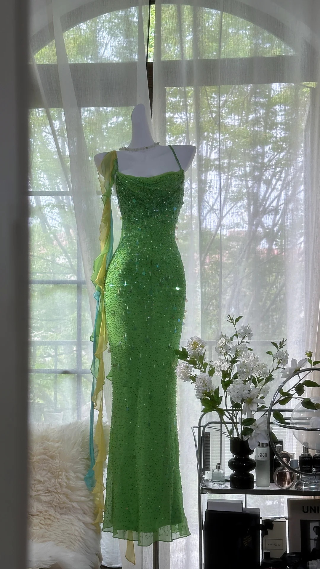 Vintage Shiny Sequin Green Spaghetti Strap Design A-line Romantic Chiffon Evening Dress Prom Dress TP4007