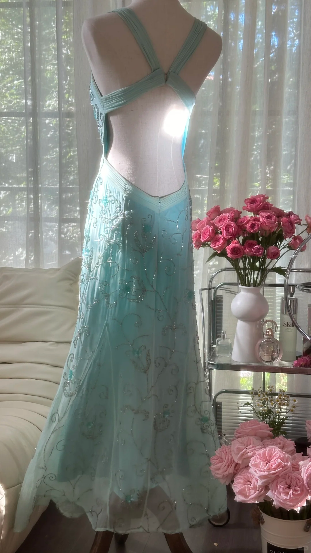Retro Sparkling Light Blue Sweetheart Design A-line Romantic Chiffon Evening Dress Prom Dress TP4000
