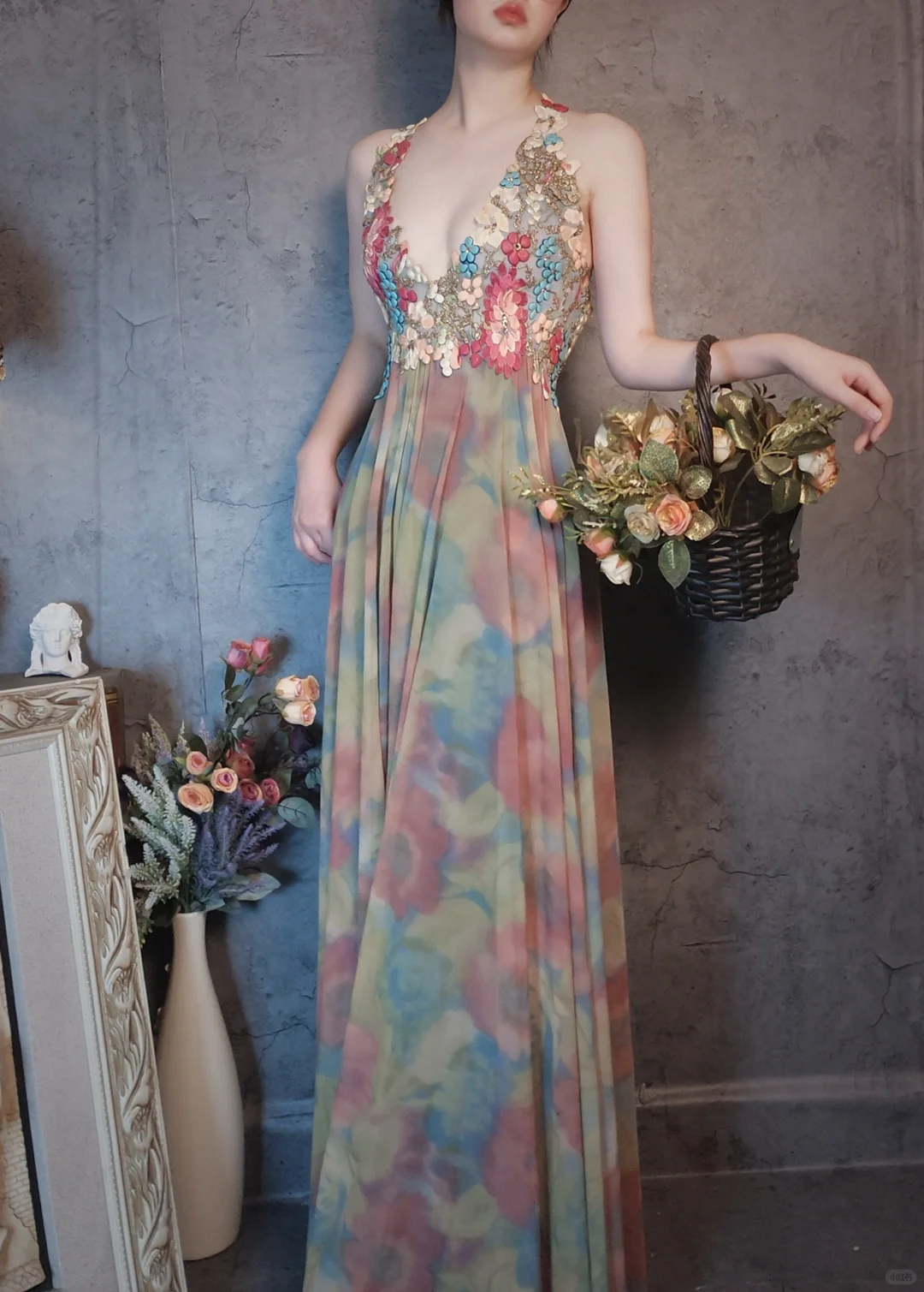 Vintage Floral Backless Design Elegant Chiffon Evening Dress Prom Dress TP4030