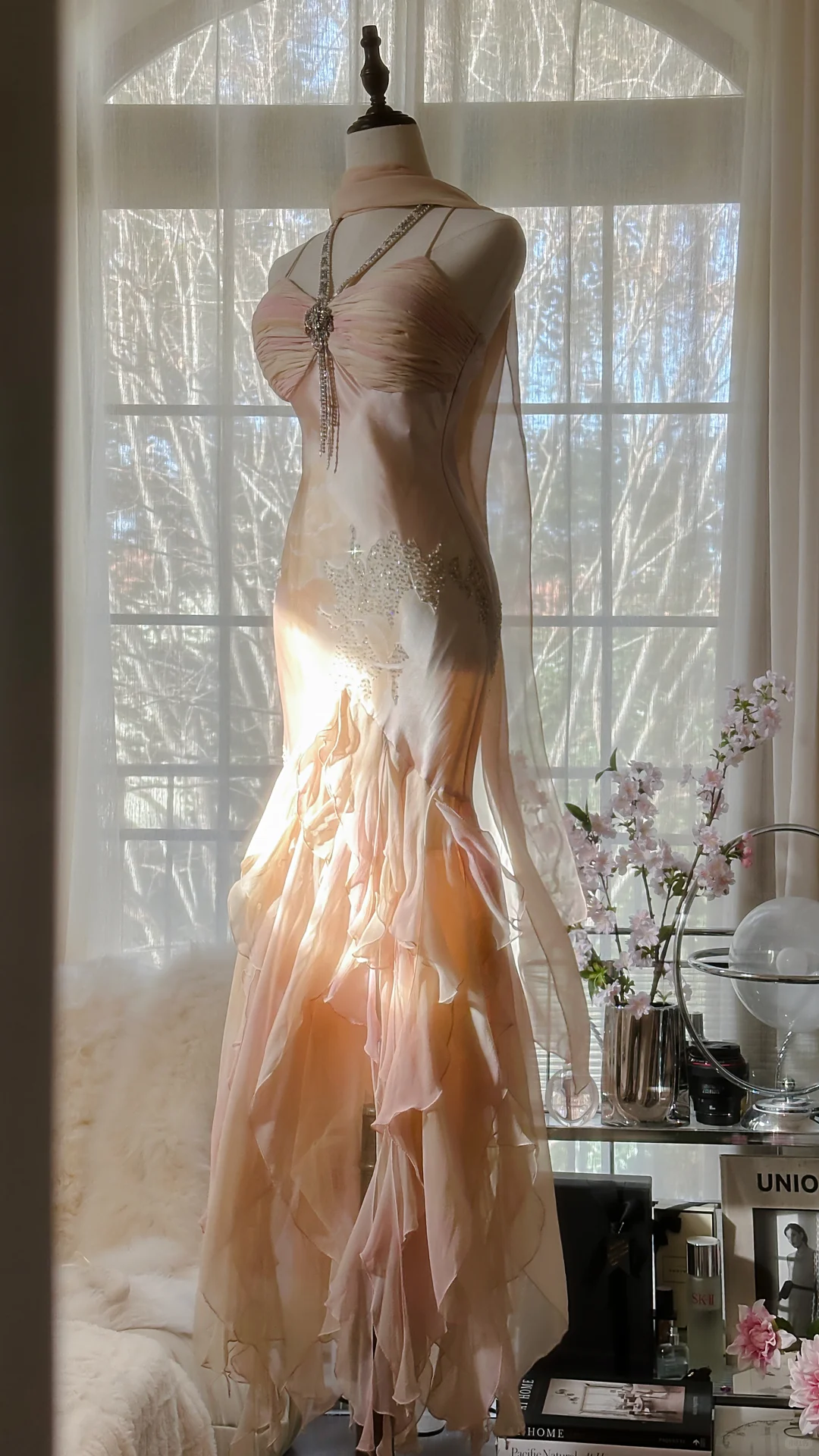 Vintage Mermaid Beaded Floral Design Romantic Chiffon Evening Dress Prom Dress TP4014