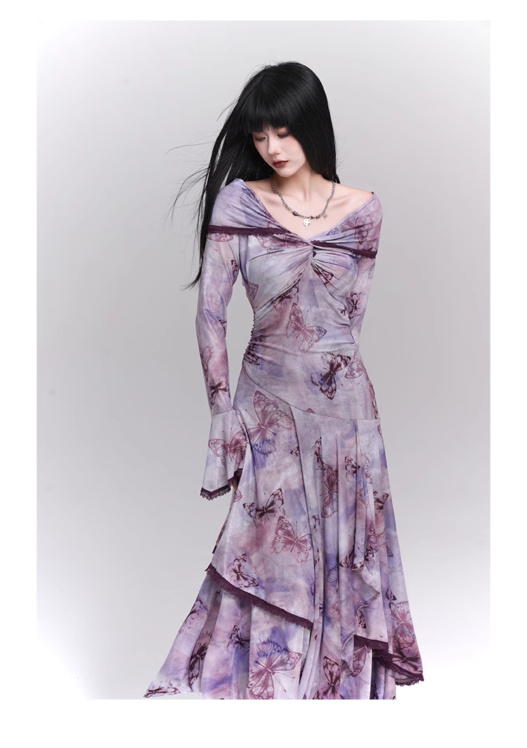 Fashion Butterfly Pattern Gothic Style Bell Sleeve Design Long-sleeved Dress TP2933