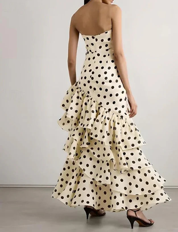 Vintage Polka Dot Strapless Long Prom Dress Sweetheart Ruffle Tiered Formal Dress TP4602