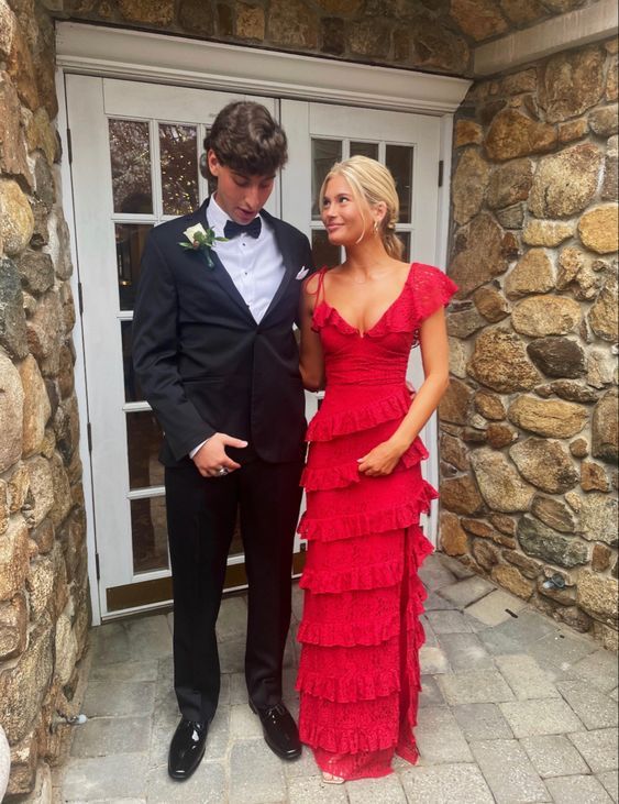 Vintage Red V-neck Long Prom Dress Sheath Tiered High Slit Formal Dress TP4605