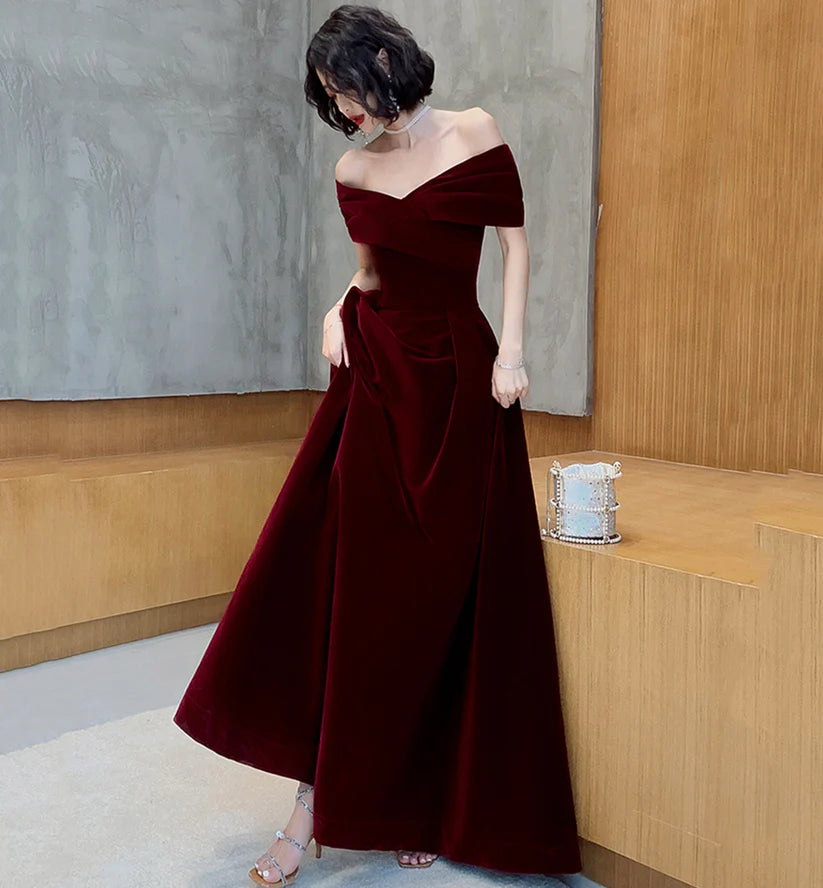 Vintage Burgundy Off-the-shoulder Velvet Design A-Line Evening Dress Prom Dress TP4129