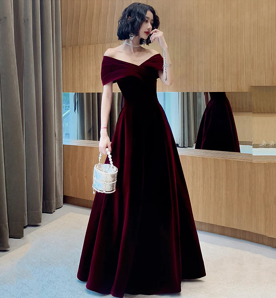 Vintage Burgundy Off-the-shoulder Velvet Design A-Line Evening Dress Prom Dress TP4129