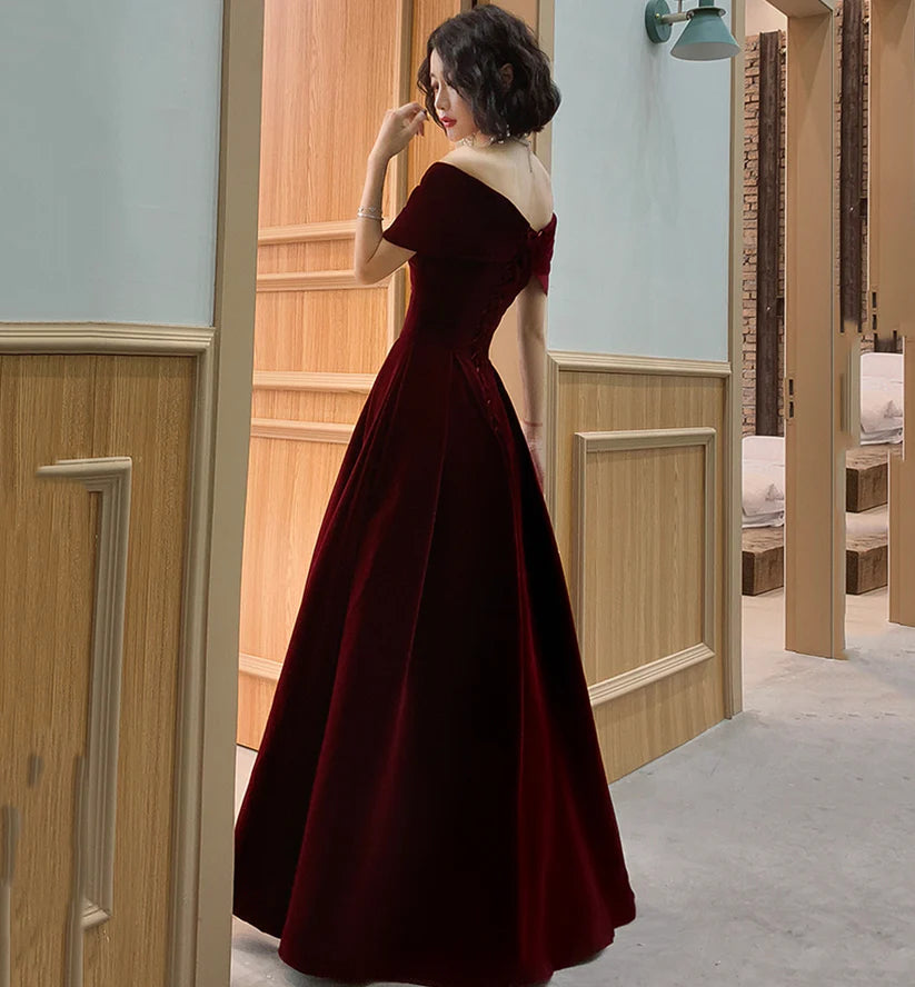 Vintage Burgundy Off-the-shoulder Velvet Design A-Line Evening Dress Prom Dress TP4129