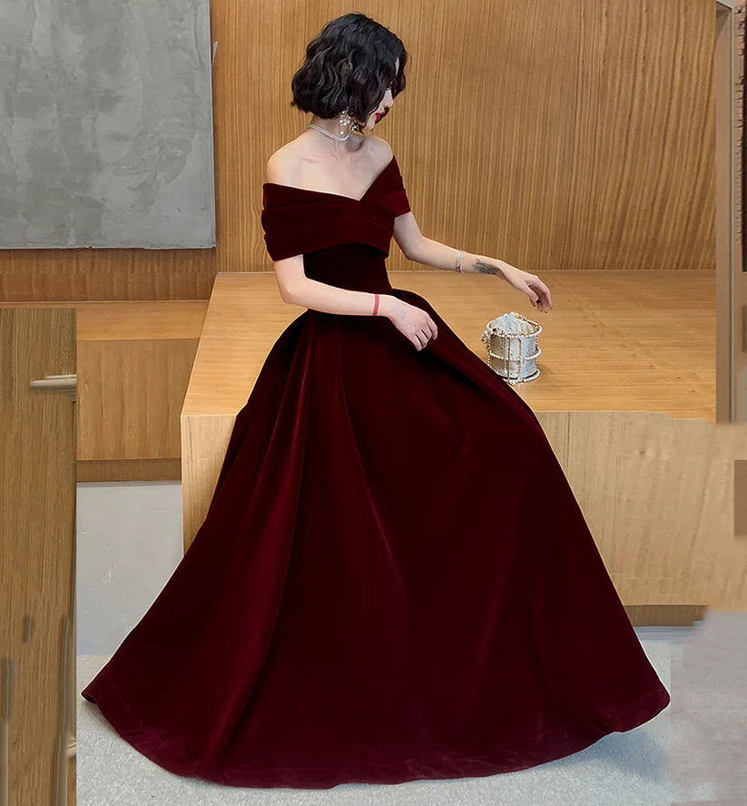 Vintage Burgundy Off-the-shoulder Velvet Design A-Line Evening Dress Prom Dress TP4129