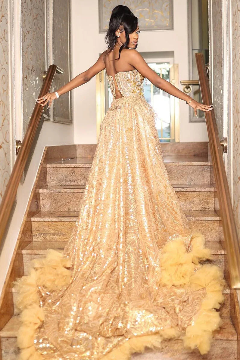 Gorgeous Golden Strapless Prom Dress Beaded Evening Gown High Slit Party Dress Trailing Long Formal Dress TP4868