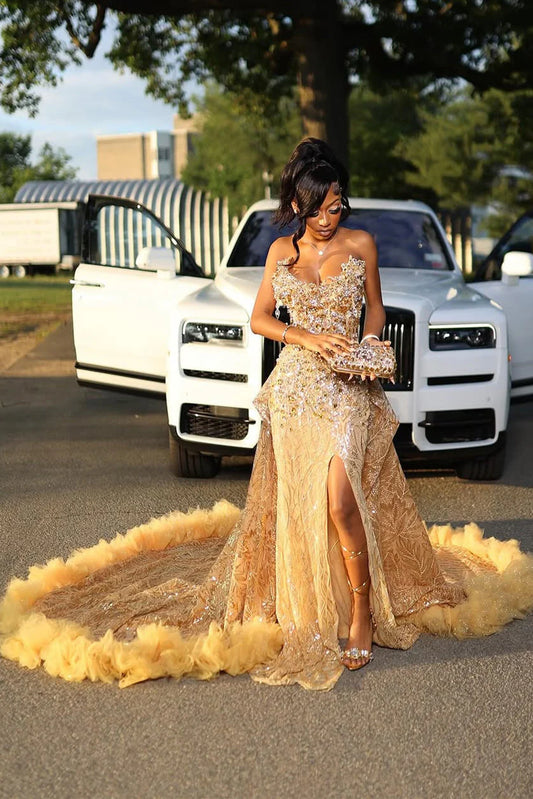 Gorgeous Golden Strapless Prom Dress Beaded Evening Gown High Slit Party Dress Trailing Long Formal Dress TP4868
