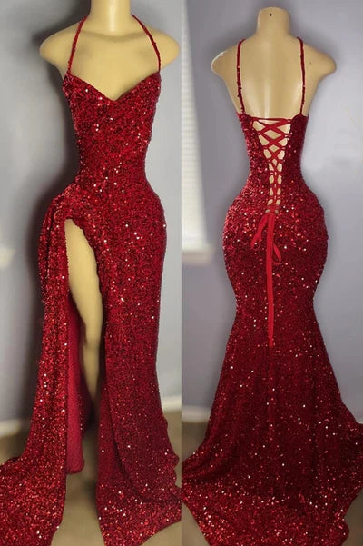 Vintage Red Sheath Prom Dress Sparkling Beaded Sequin Evening Gown High Slit Party Dress Long Formal Dress TP4854