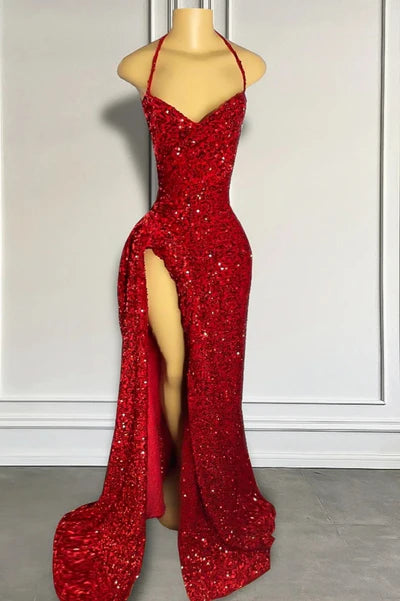 Vintage Red Sheath Prom Dress Sparkling Beaded Sequin Evening Gown High Slit Party Dress Long Formal Dress TP4854