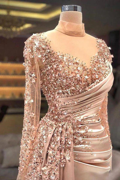 Elegant Champagne Satin Glittering Beaded Sheath Sweetheart Evening Gown Prom Dress TP5231