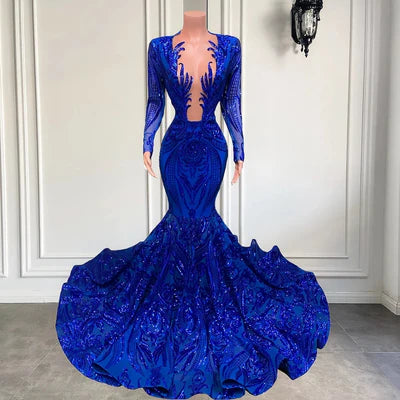 Vintage Royal Blue Mermaid Prom Dress Sequined Evening Gown Party Dress Long Formal Dress TP4851