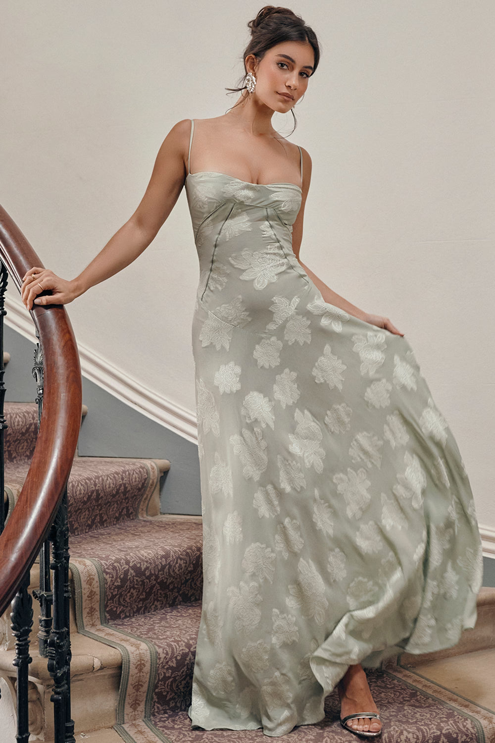 Vintage Floral Jacquard Spaghetti Strap Design Prom Dress Evening Dress TP4224