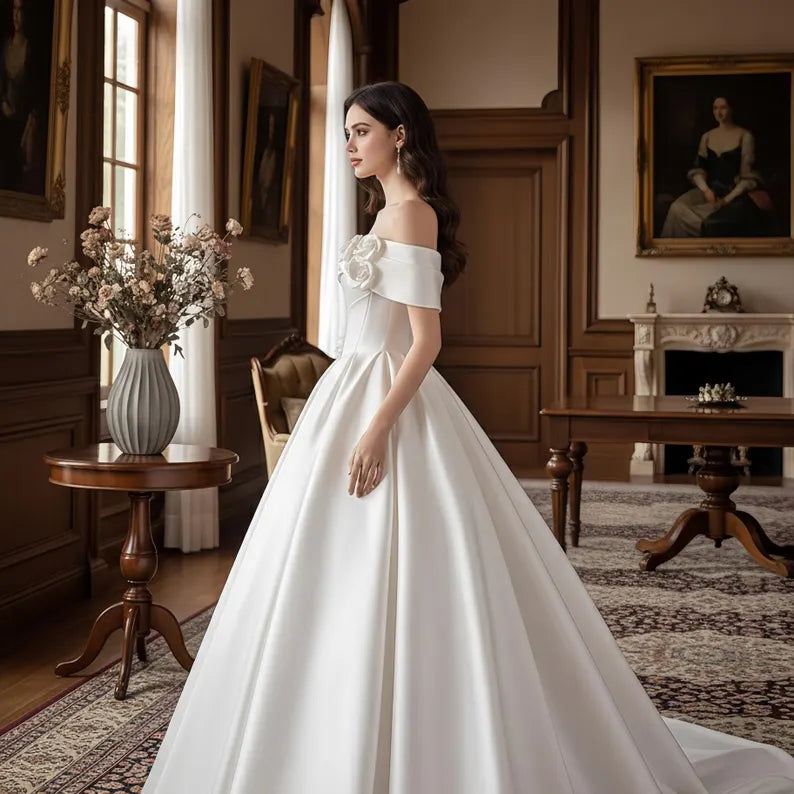 Dreamy Off-the-Shoulder Satin Floral & Bow A-Line Chapel Train Wedding Dress TP5973