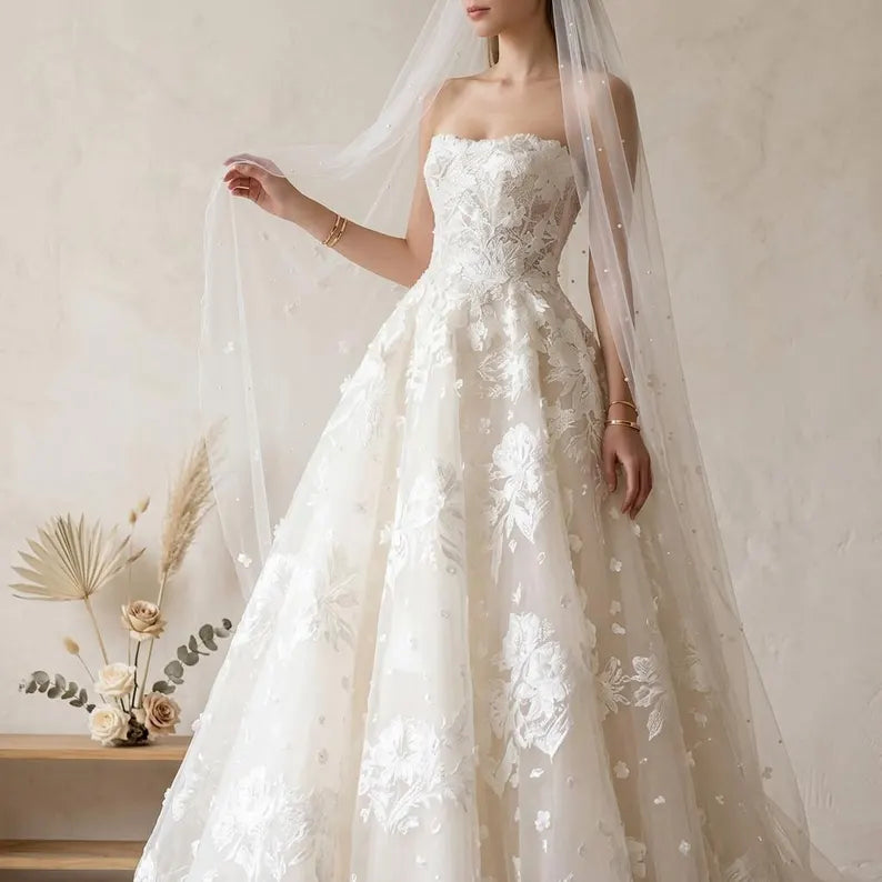 Dreamy Strapless 3D Floral Lace Tulle A-Line Wedding Dress TP5972