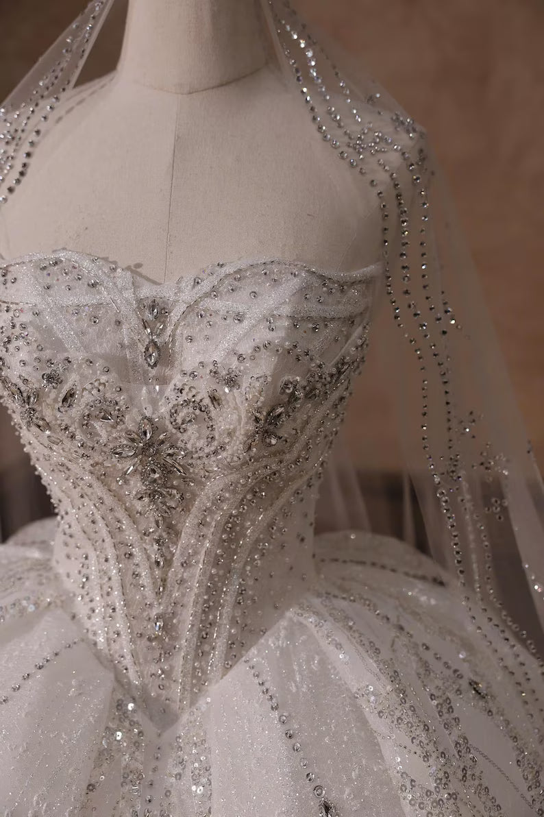 Elegant Strapless Sequined Beaded A-Line Tulle Wedding Dress TP5968