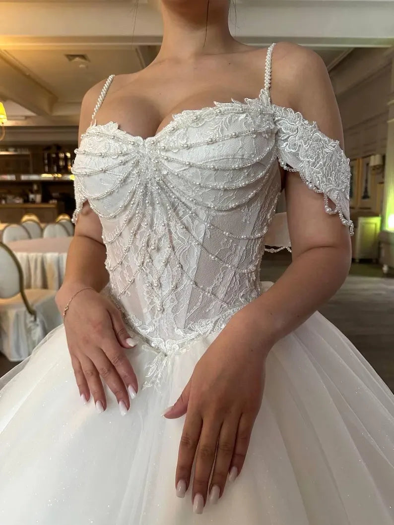 Elegant Off-the-Shoulder Spaghetti Strap Lace Sheer Corset Tulle A-Line Wedding Dress TP5963