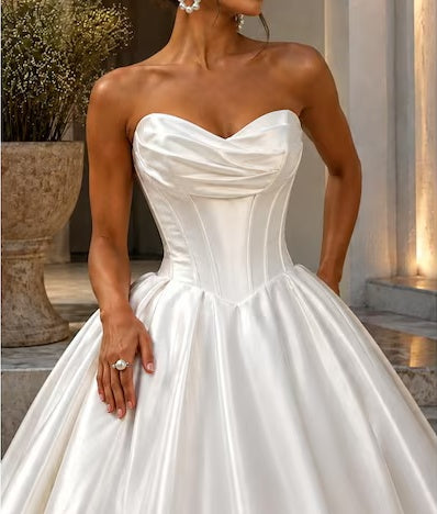 Elegant Strapless Sweetheart Draped Satin Flowy Train A-Line Wedding Dress TP5965
