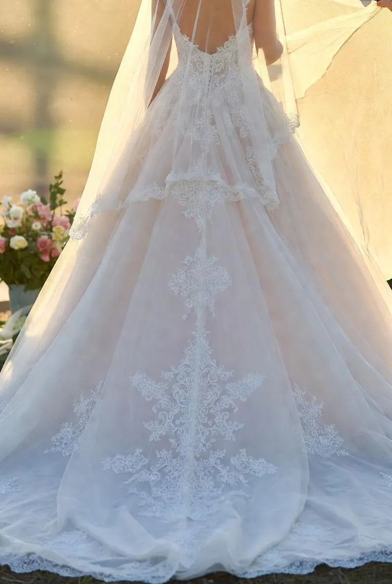Elegant Off-the-Shoulder Sweetheart Tulle 3D Floral Lace Appliques Long Sheer Train A-Line Wedding Dress TP5974