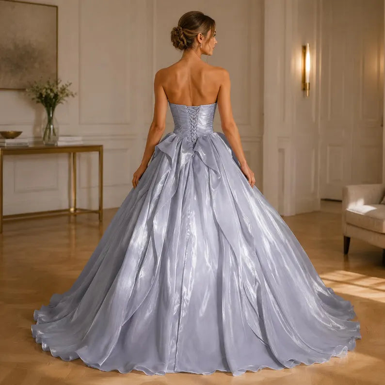 Dreamy Silver Strapless Sweetheart Layered Ruffle Organza Sweet 16 Quinceanera Ball Gown TP5962