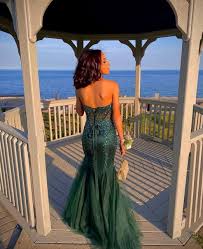 Green Mermaid Heart Neck Strapless Sequined Tulle Long Prom Dresses TP1735