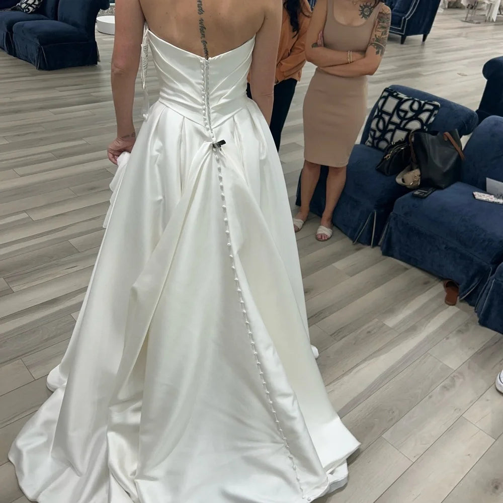 Elegant Satin Strapless Draped Ruched Bodice Long Train A-Line Wedding Dress TP5969