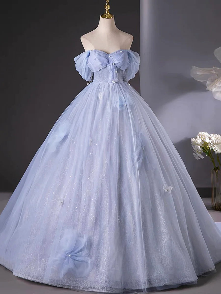 Blue Tulle Long A-Line Prom Dress Party Dress, Beautiful Off the Shoulder Blue Evening Dress TP96