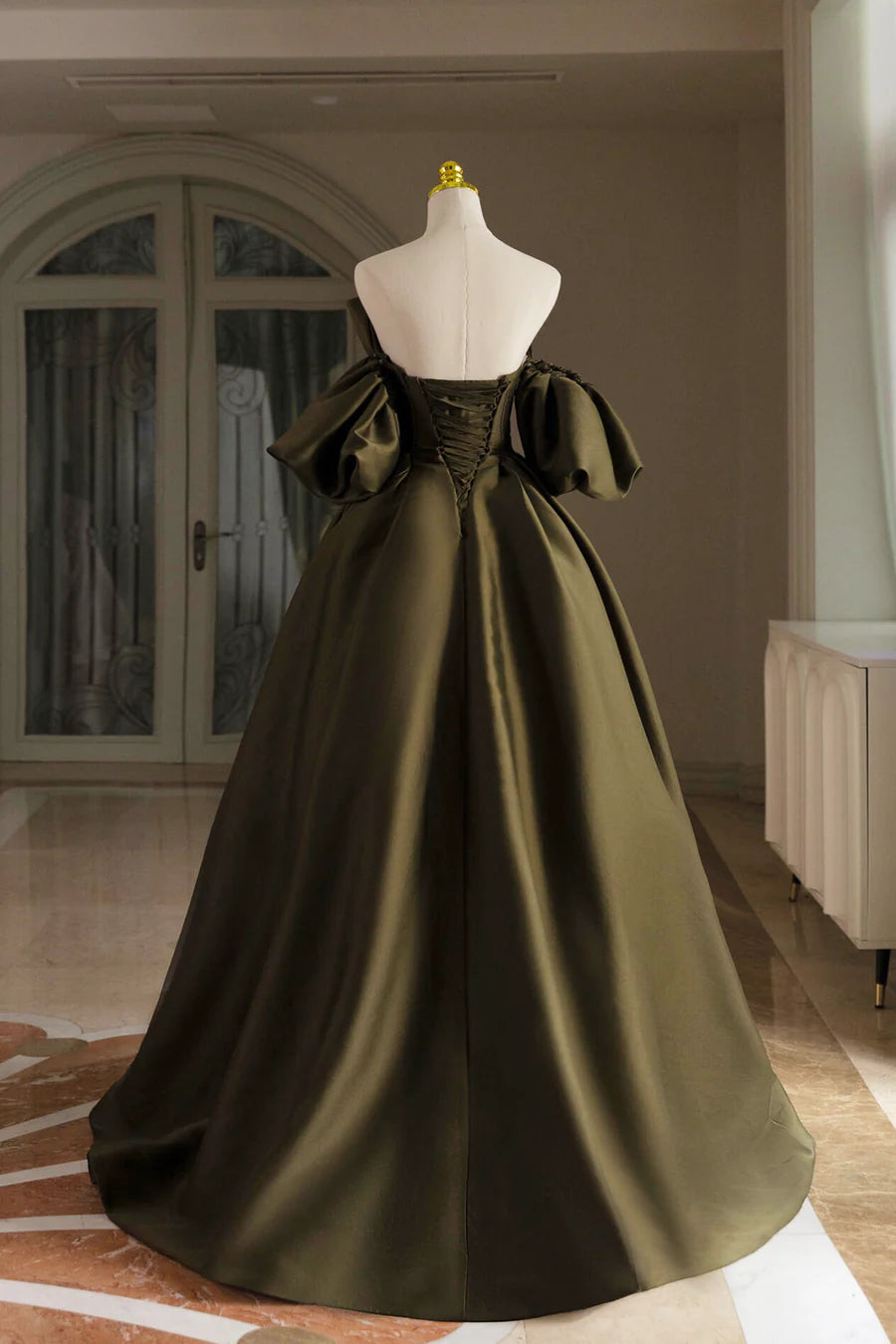 Green Satin Floor Length Prom Dress, A-Line Puffy Short Sleeve Evening Party Dress TP97