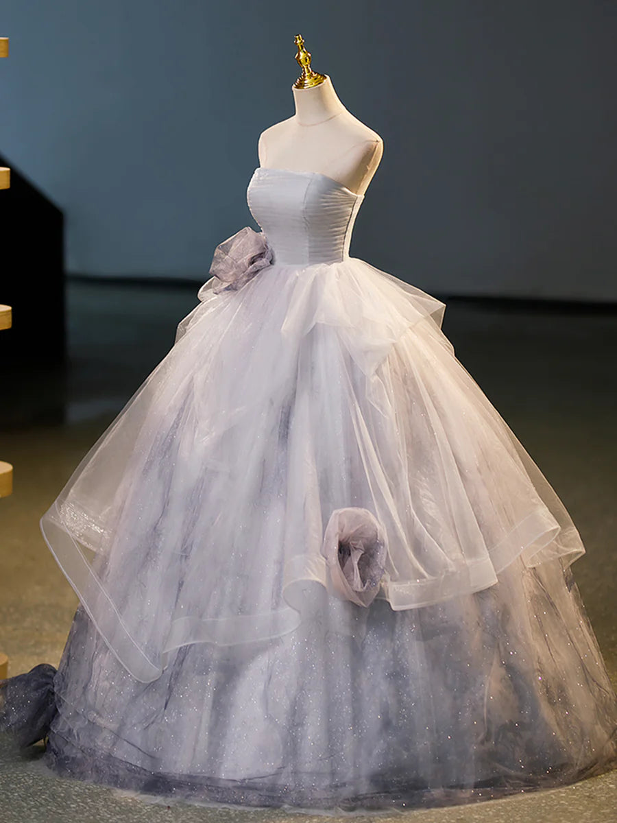 Gray Tulle Floor Length Formal Dress, A-Line Strapless Evening Party Dress TP92