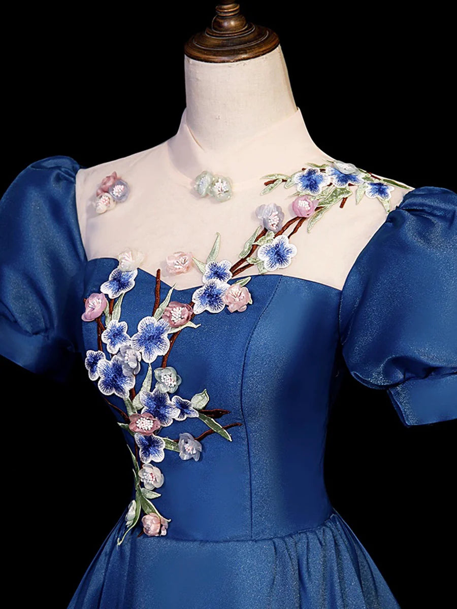 Elegant Blue Tulle Lace Long Prom Dress, Blue High Neck A-Line Evening Dress TP90