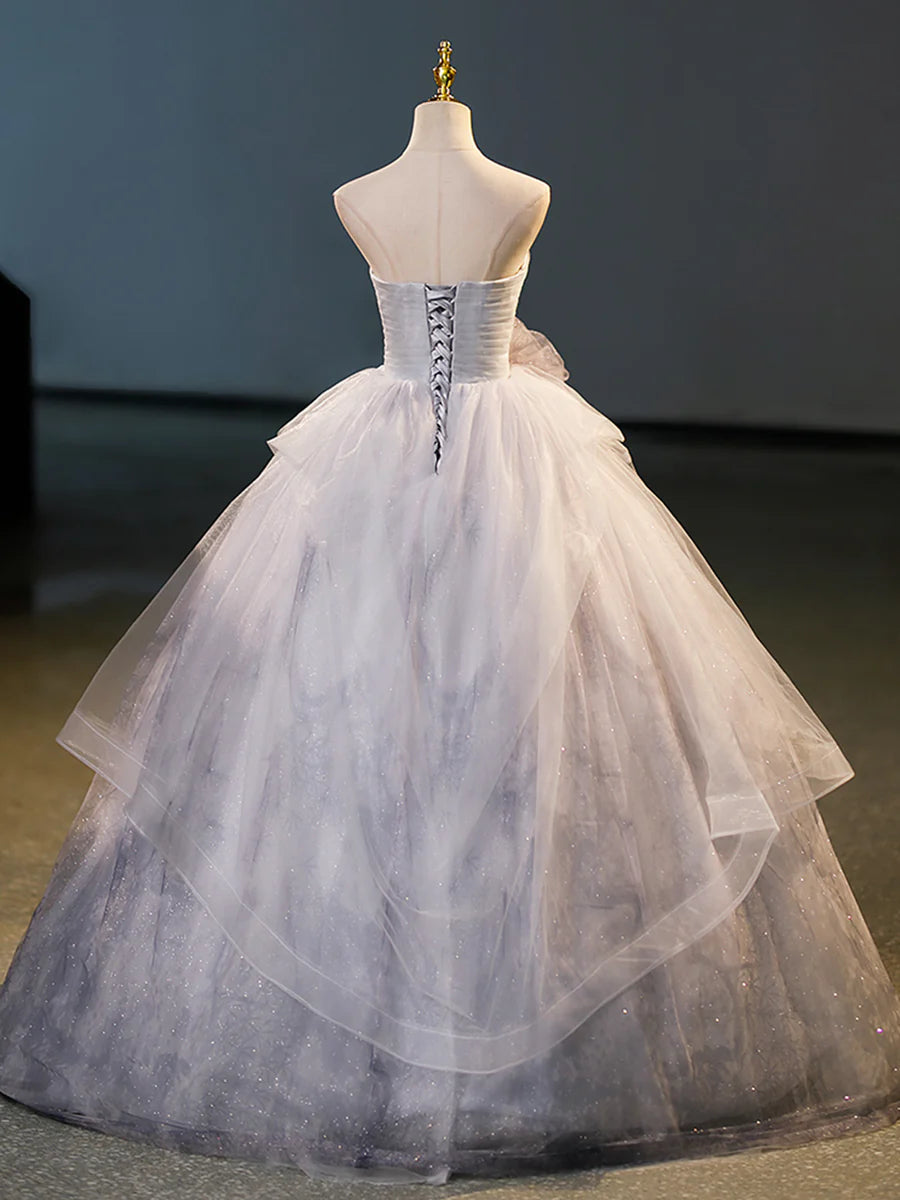 Gray Tulle Floor Length Formal Dress, A-Line Strapless Evening Party Dress TP92