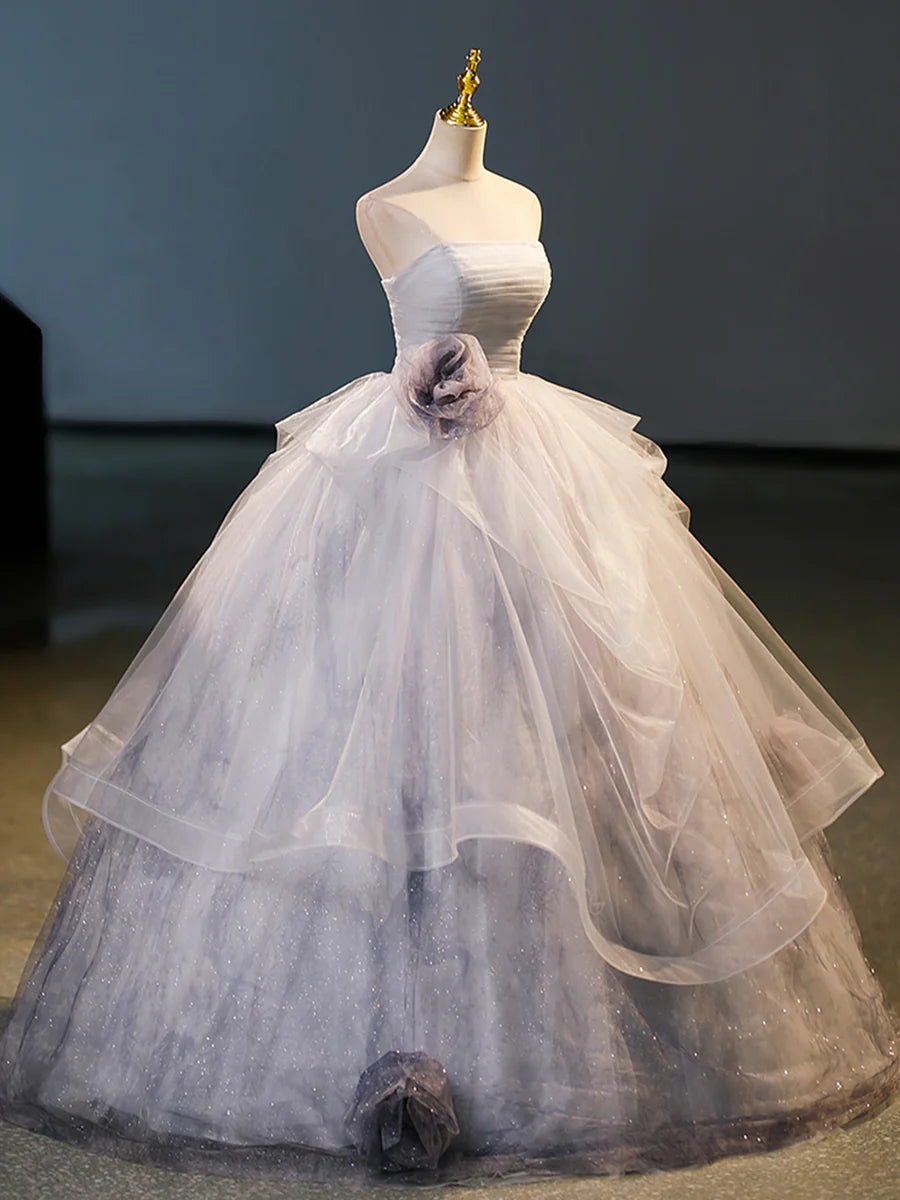 Gray Tulle Floor Length Formal Dress, A-Line Strapless Evening Party Dress TP92