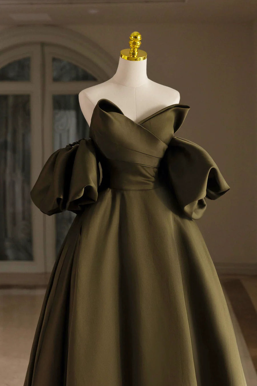 Green Satin Floor Length Prom Dress, A-Line Puffy Short Sleeve Evening Party Dress TP97