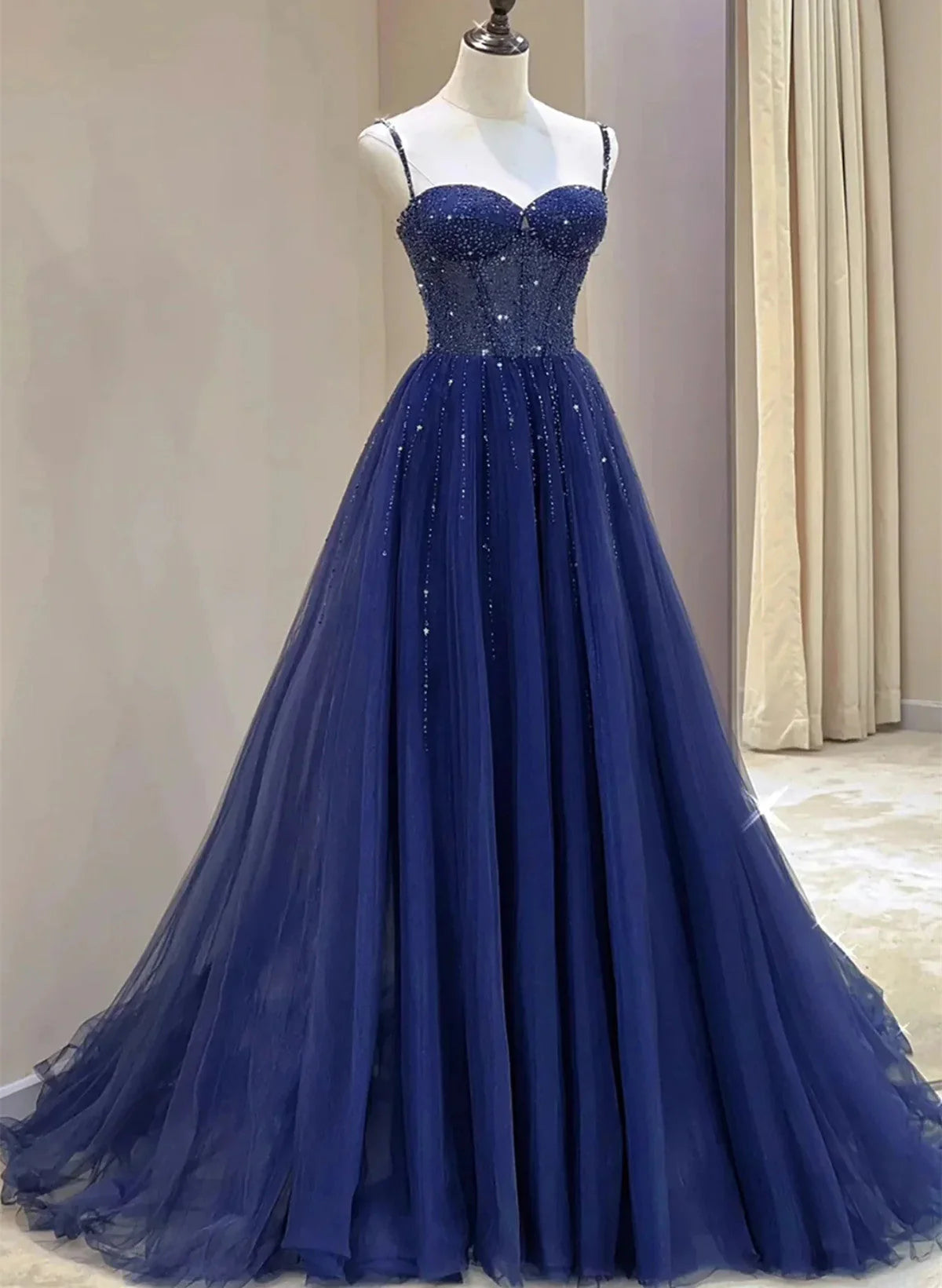Blue Beaded Sweetheart Tulle A-line Prom Dress, Blue Long Party Dress TP1001