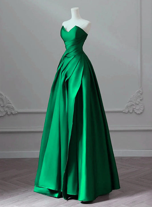A-line Green Satin Lace-up Floor Length Party Dress, Green Satin Prom Dress TP1003