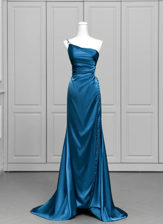 Blue Soft Satin Long Prom Dress with Leg Slit, Blue Evening Dress Formal Dress TP1004