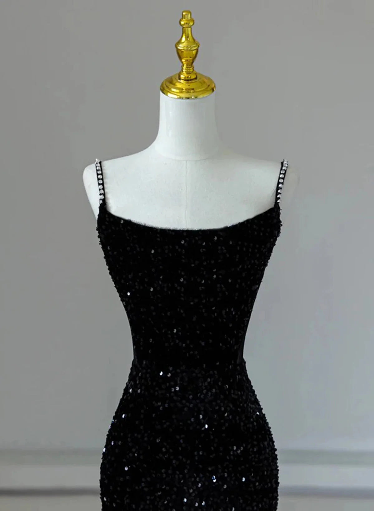 Black Mermaid Sequins Long Formal Dress, Black Straps Long Evening Dress TP1012